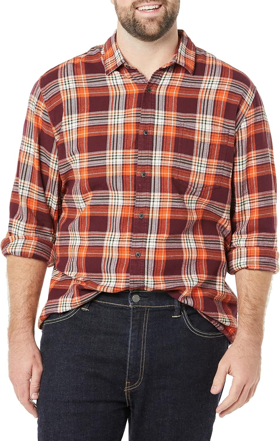 image:imageAmazon Essentials Mens Regular Fit LongSleeve Flannel Shirt Soft Brushed Cotton Lightweight yet WarmBurgundy Orange Plaid
