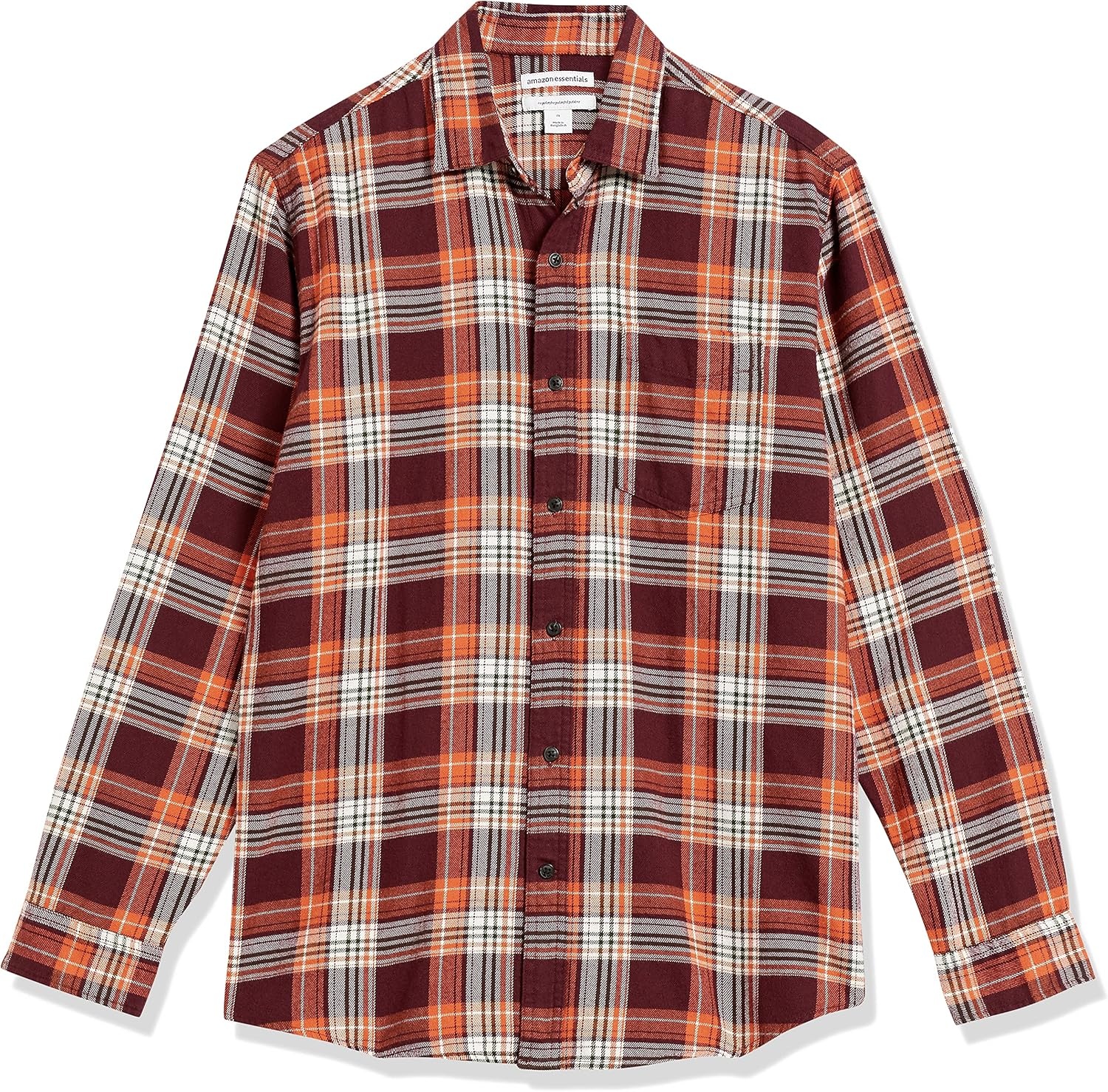image:imageAmazon Essentials Mens Regular Fit LongSleeve Flannel Shirt Soft Brushed Cotton Lightweight yet WarmBurgundy Orange Plaid