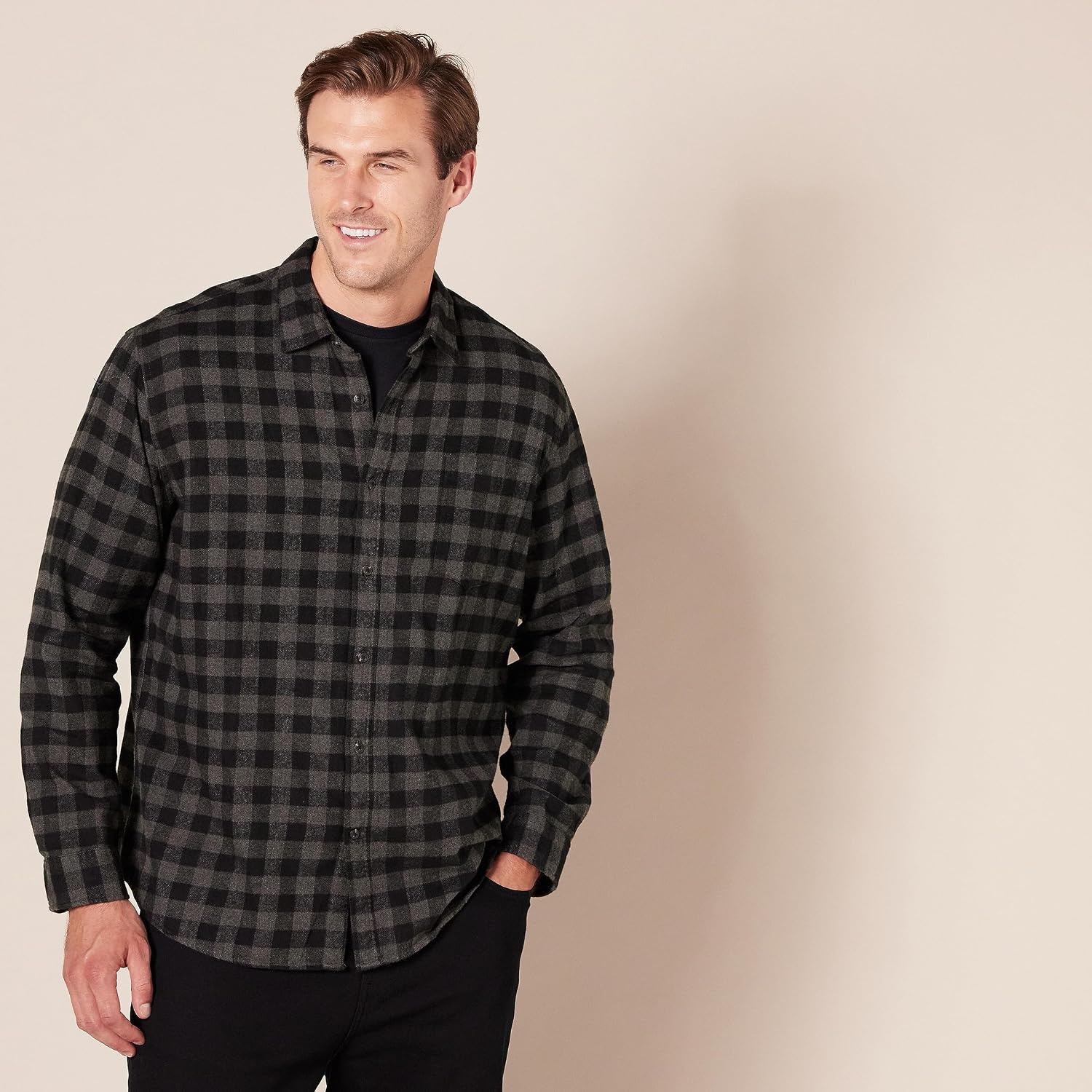 image:imageAmazon Essentials Mens Regular Fit LongSleeve Flannel Shirt Soft Brushed Cotton Lightweight yet WarmCharcoal Buffalo Plaid