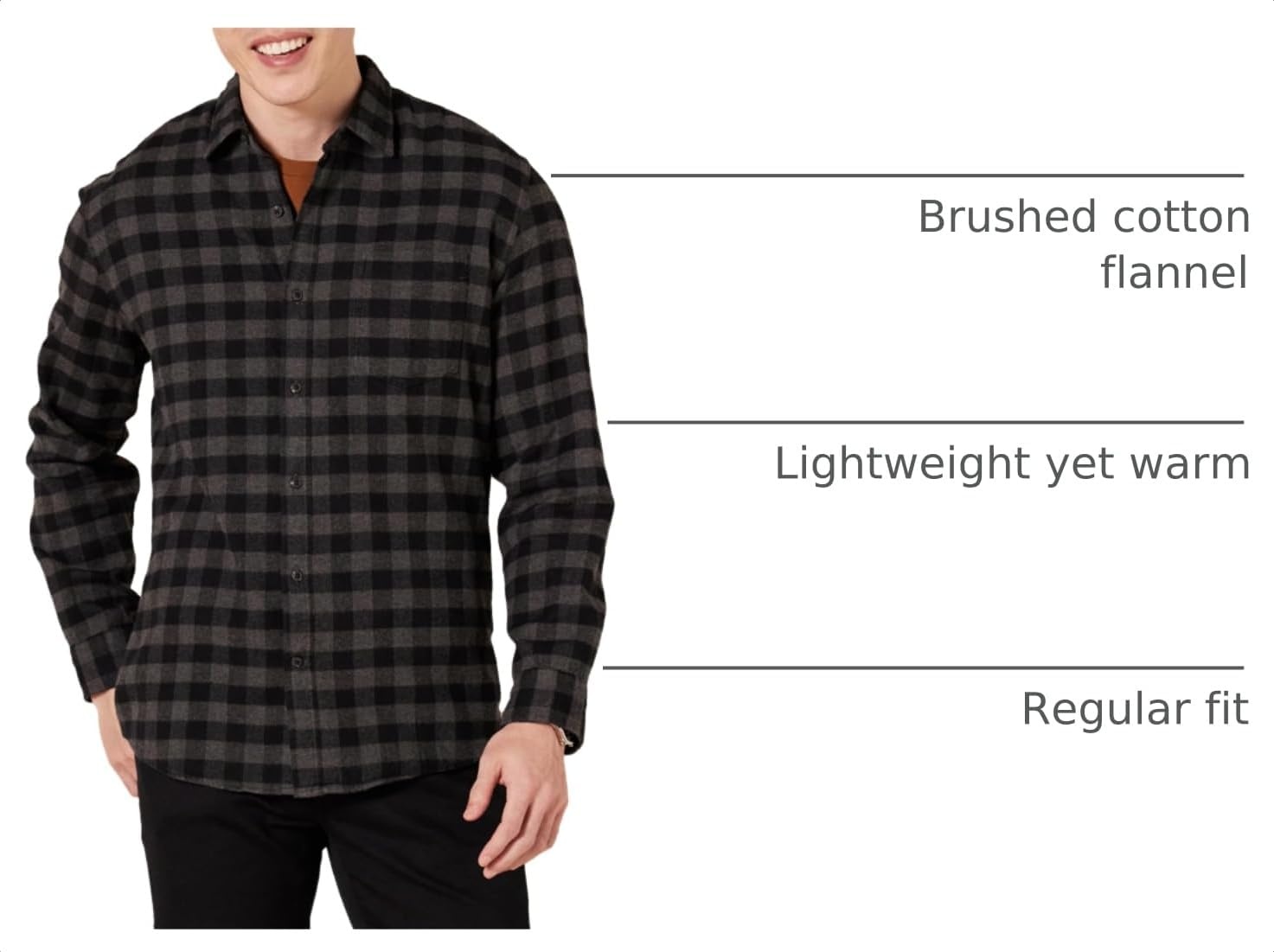 image:imageAmazon Essentials Mens Regular Fit LongSleeve Flannel Shirt Soft Brushed Cotton Lightweight yet WarmCharcoal Buffalo Plaid
