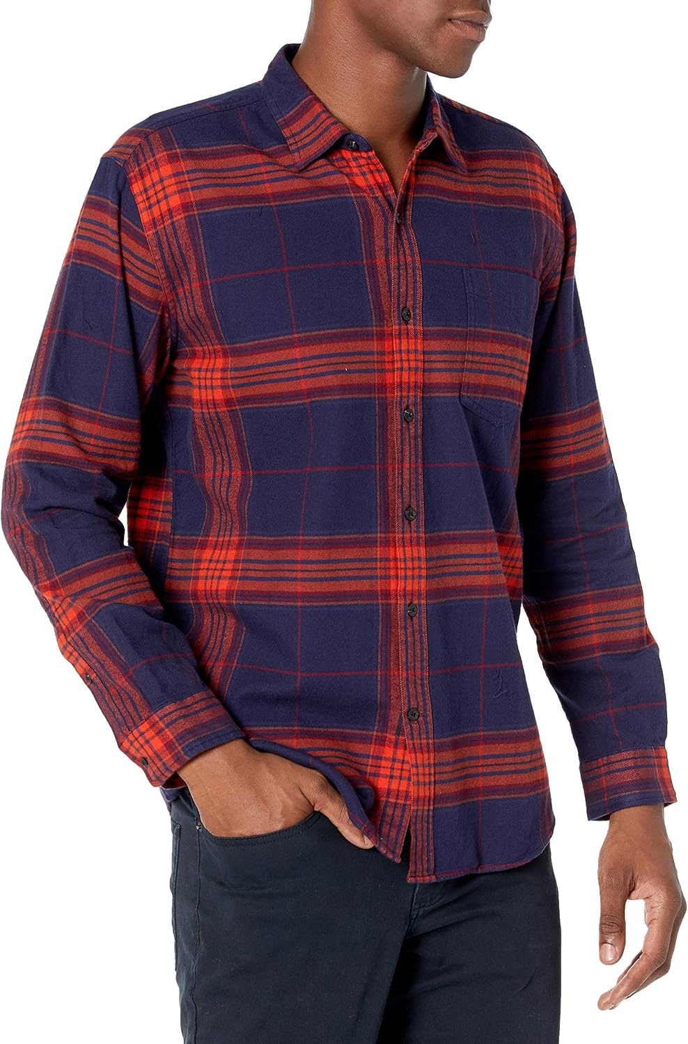 image:imageAmazon Essentials Mens Regular Fit LongSleeve Flannel Shirt Soft Brushed Cotton Lightweight yet WarmDark Blue Orange Large Plaid