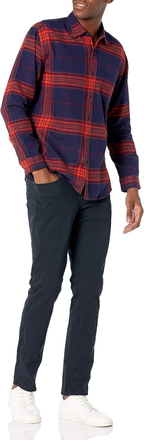 image:imageAmazon Essentials Mens Regular Fit LongSleeve Flannel Shirt Soft Brushed Cotton Lightweight yet WarmDark Blue Orange Large Plaid