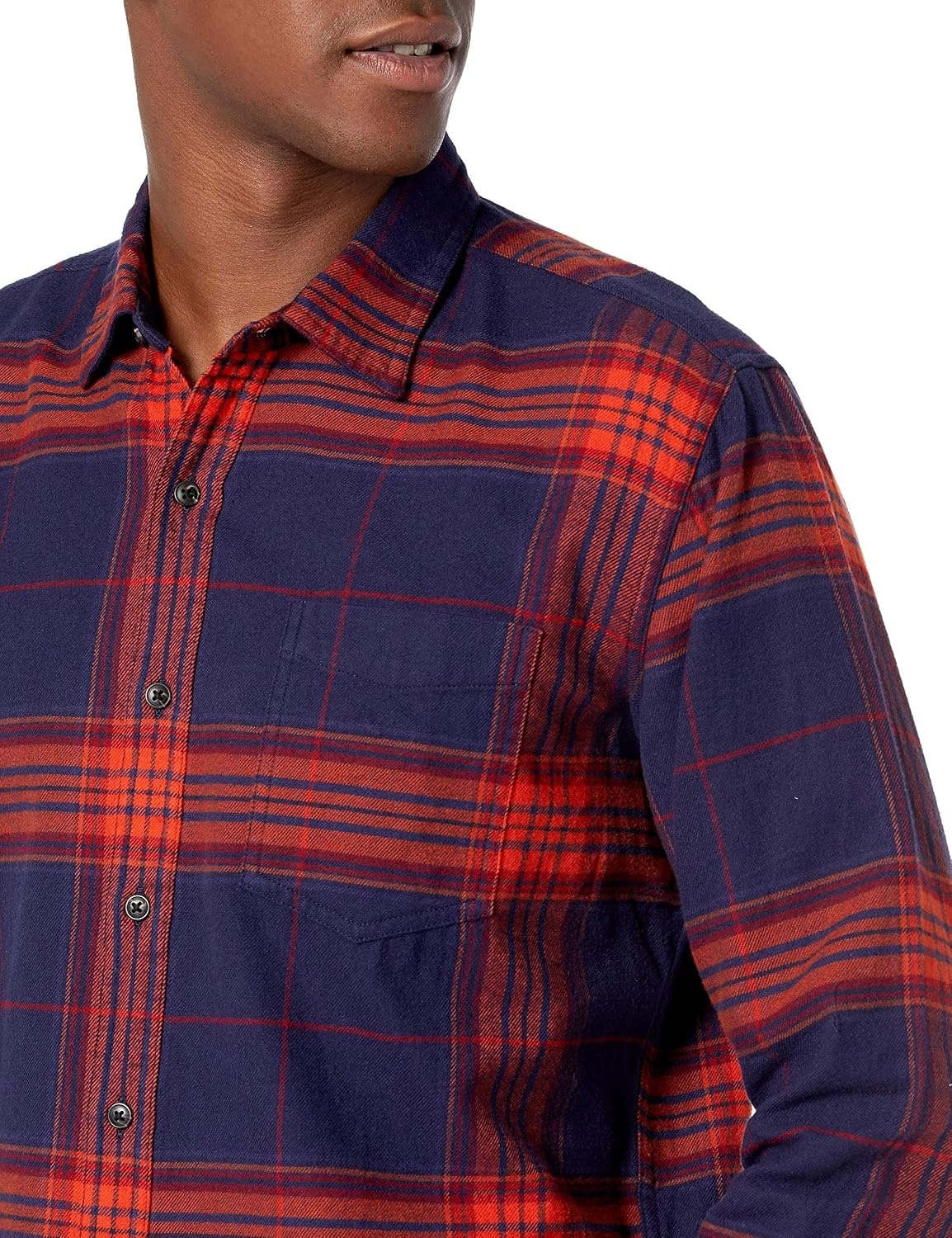 image:imageAmazon Essentials Mens Regular Fit LongSleeve Flannel Shirt Soft Brushed Cotton Lightweight yet WarmDark Blue Orange Large Plaid