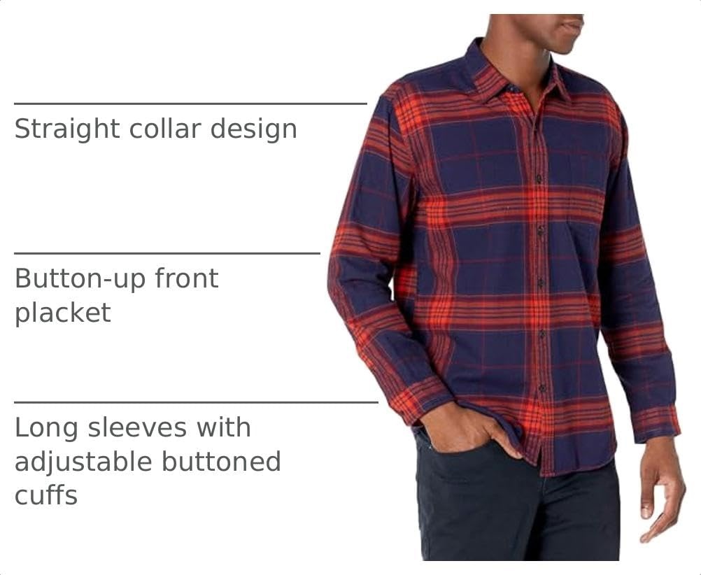image:imageAmazon Essentials Mens Regular Fit LongSleeve Flannel Shirt Soft Brushed Cotton Lightweight yet WarmDark Blue Orange Large Plaid