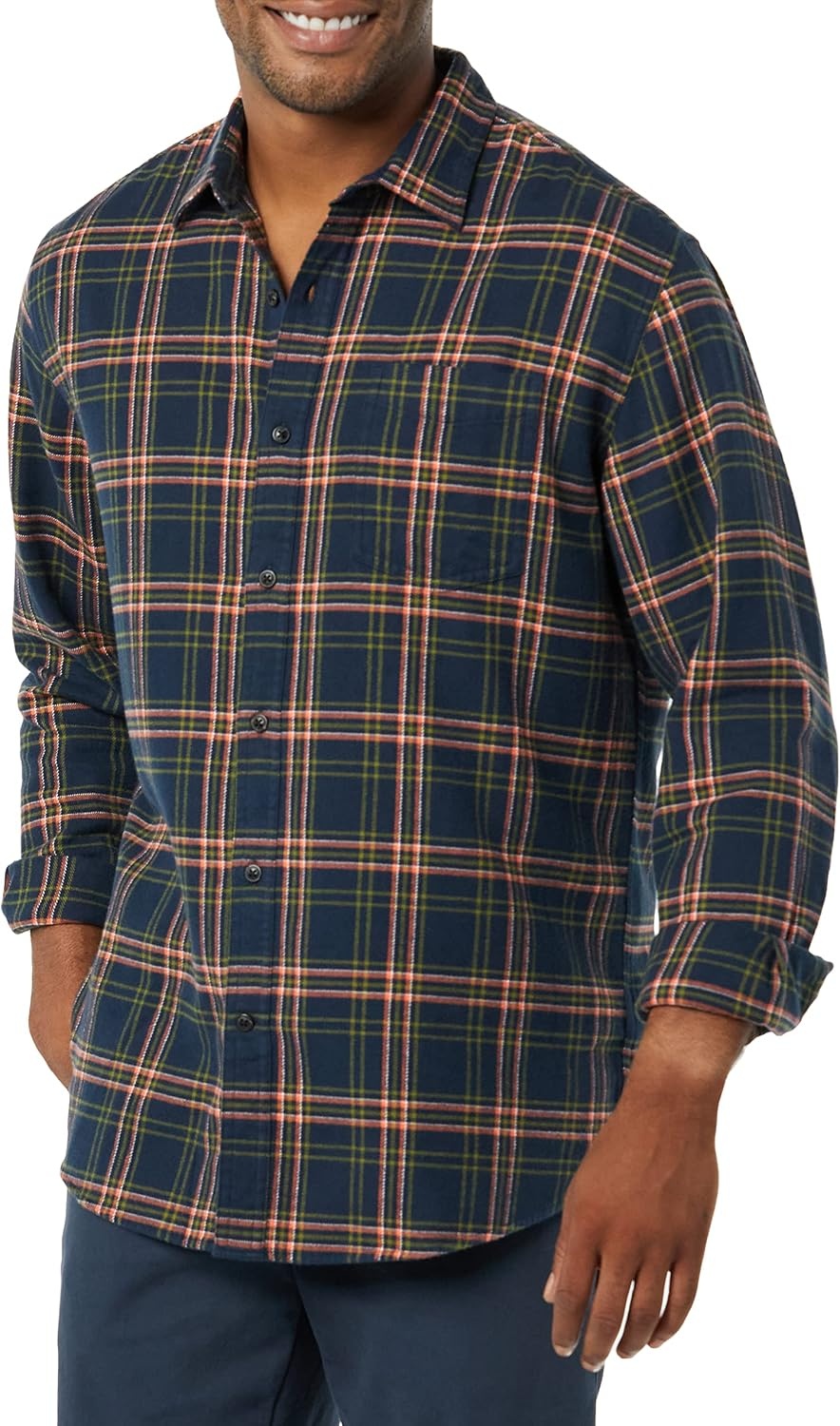 image:imageAmazon Essentials Mens Regular Fit LongSleeve Flannel Shirt Soft Brushed Cotton Lightweight yet WarmDark Navy Plaid