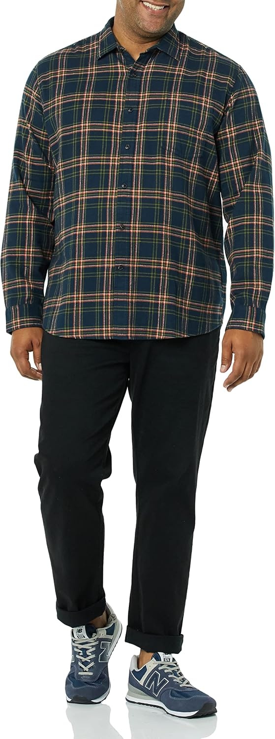 image:imageAmazon Essentials Mens Regular Fit LongSleeve Flannel Shirt Soft Brushed Cotton Lightweight yet WarmDark Navy Plaid