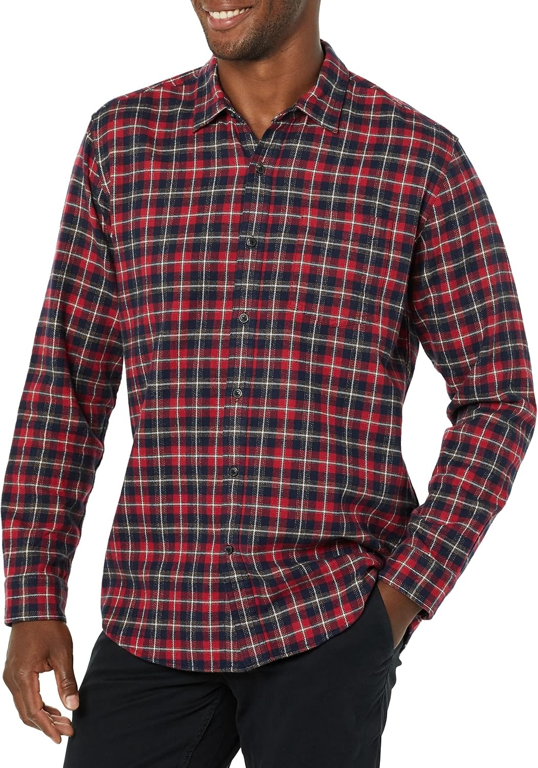 image:imageAmazon Essentials Mens Regular Fit LongSleeve Flannel Shirt Soft Brushed Cotton Lightweight yet WarmDark Red Plaid