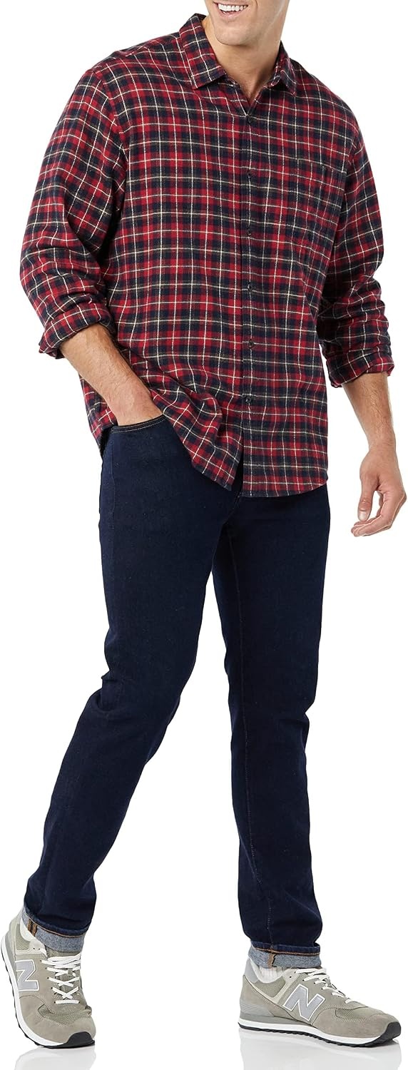 image:imageAmazon Essentials Mens Regular Fit LongSleeve Flannel Shirt Soft Brushed Cotton Lightweight yet WarmDark Red Plaid