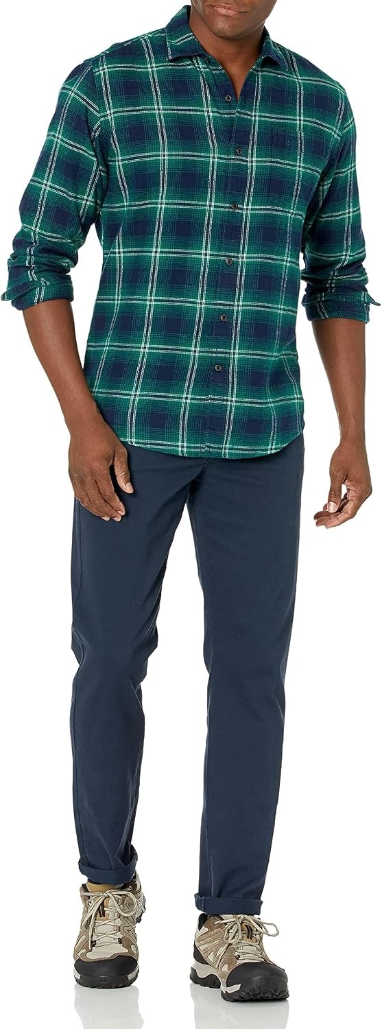 image:imageAmazon Essentials Mens Regular Fit LongSleeve Flannel Shirt Soft Brushed Cotton Lightweight yet WarmGreen Navy Ombre Plaid