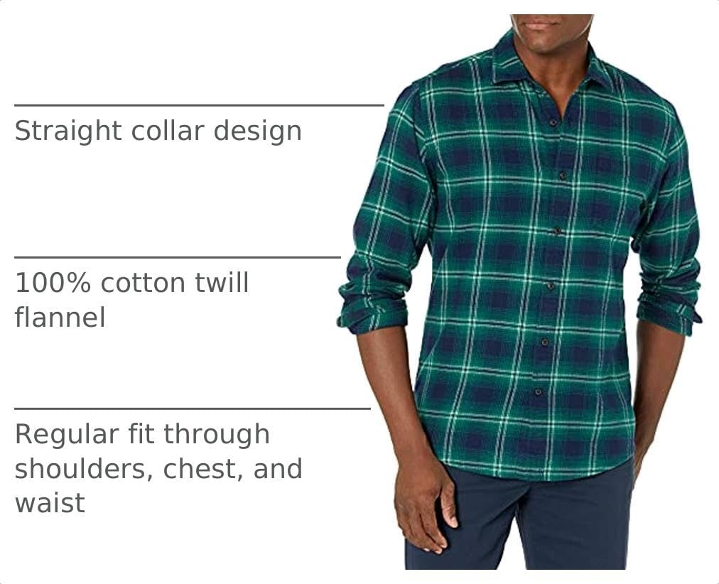 image:imageAmazon Essentials Mens Regular Fit LongSleeve Flannel Shirt Soft Brushed Cotton Lightweight yet WarmGreen Navy Ombre Plaid