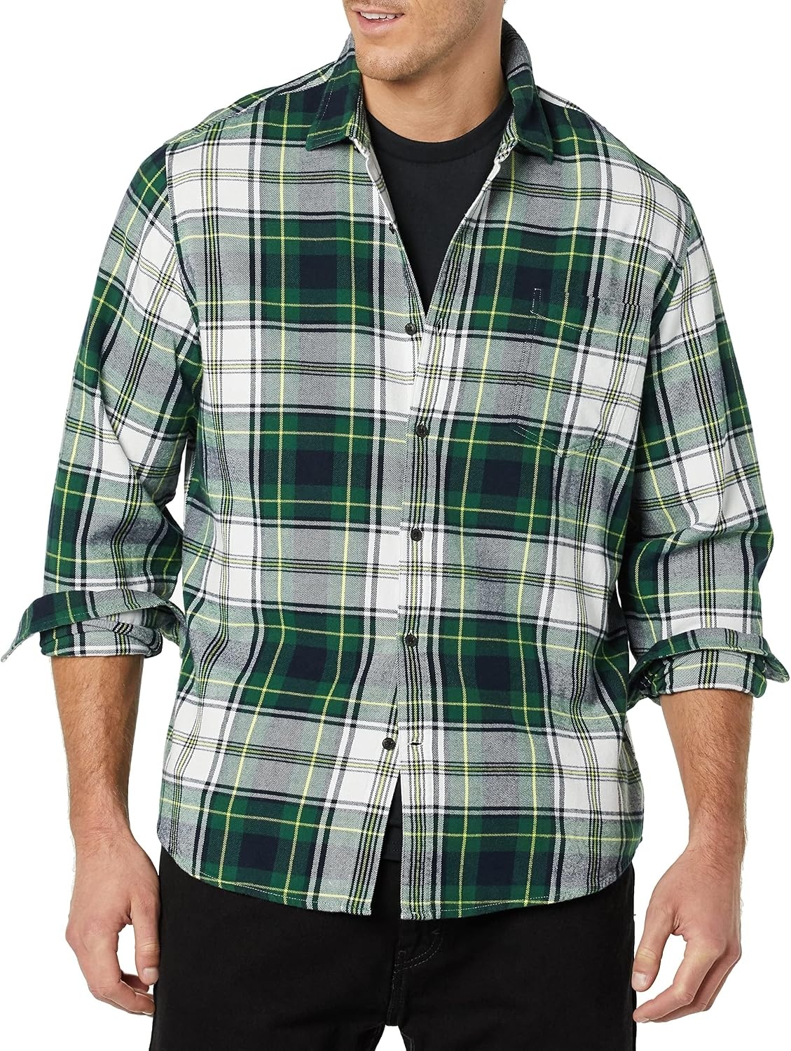 image:imageAmazon Essentials Mens Regular Fit LongSleeve Flannel Shirt Soft Brushed Cotton Lightweight yet WarmGreen White Plaid