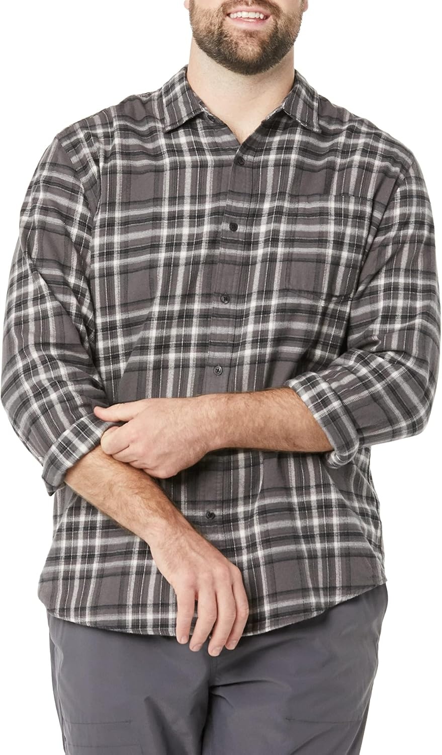 image:imageAmazon Essentials Mens Regular Fit LongSleeve Flannel Shirt Soft Brushed Cotton Lightweight yet WarmGrey Plaid