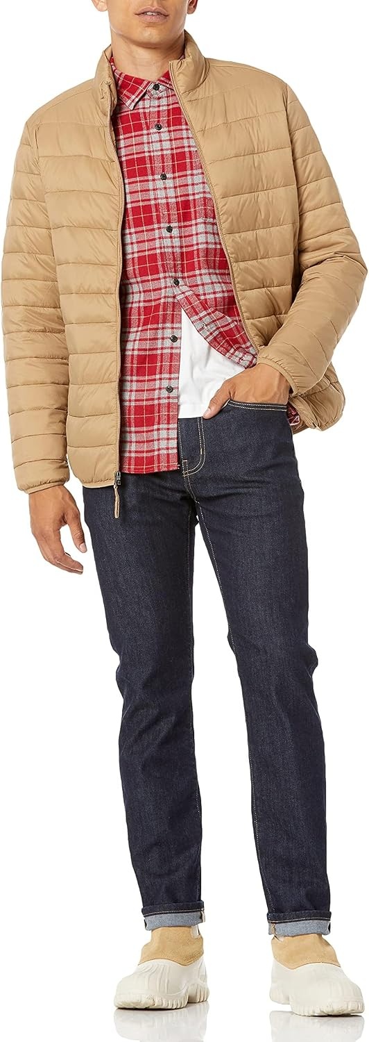 image:imageAmazon Essentials Mens Regular Fit LongSleeve Flannel Shirt Soft Brushed Cotton Lightweight yet WarmGrey Red Plaid