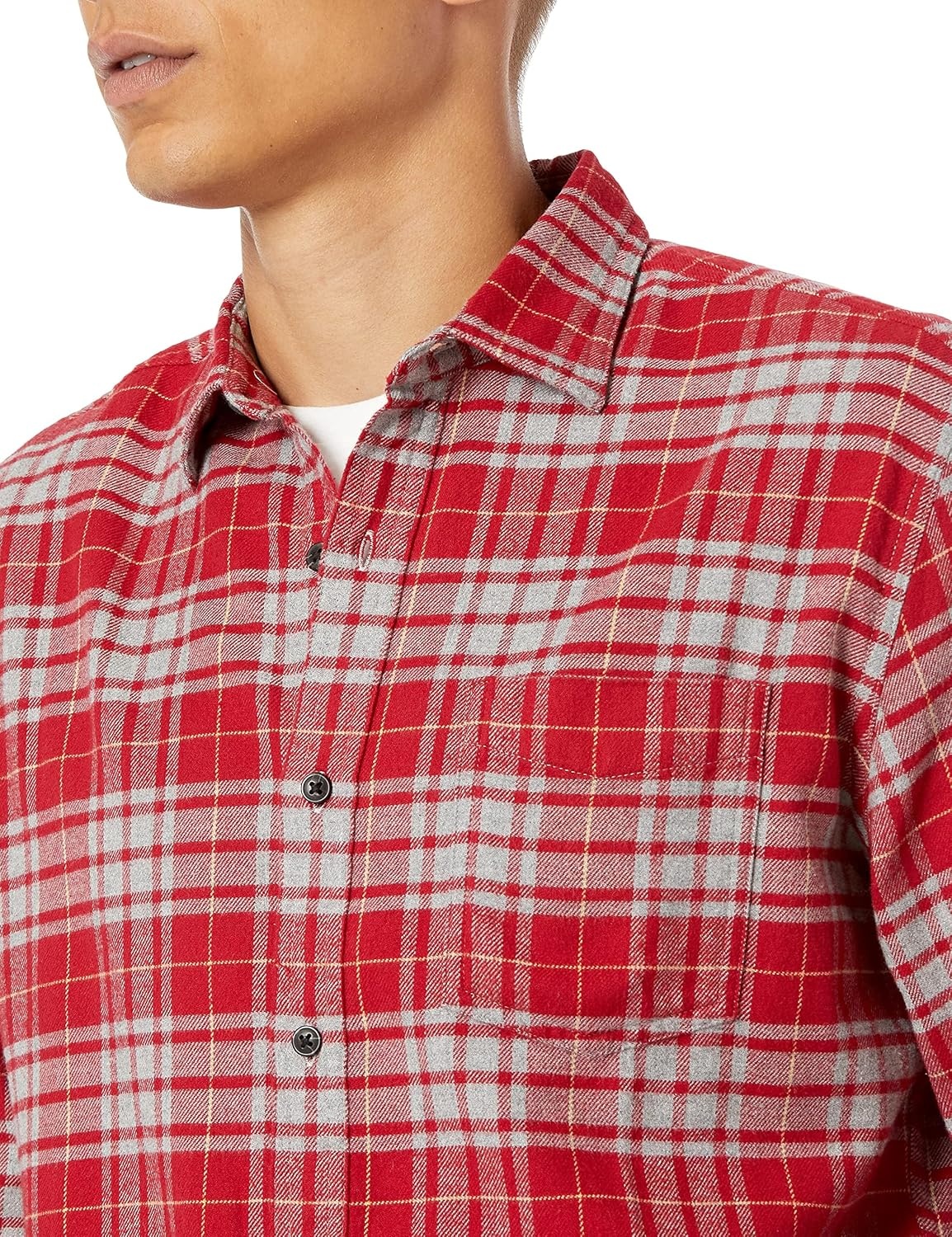 image:imageAmazon Essentials Mens Regular Fit LongSleeve Flannel Shirt Soft Brushed Cotton Lightweight yet WarmGrey Red Plaid