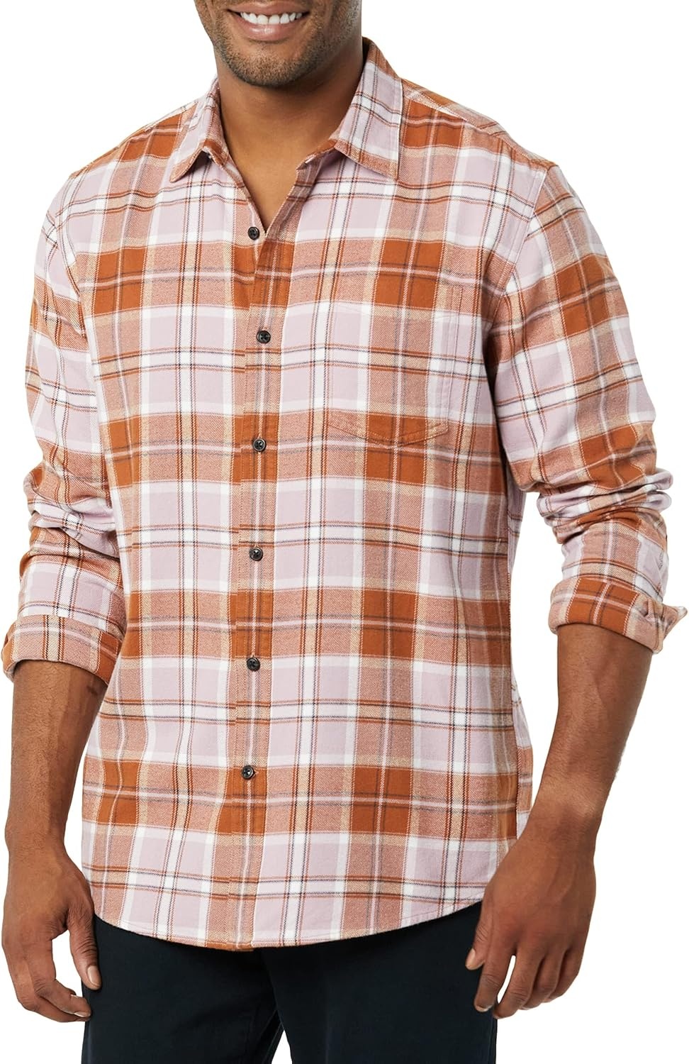 image:imageAmazon Essentials Mens Regular Fit LongSleeve Flannel Shirt Soft Brushed Cotton Lightweight yet WarmMauve Rust Plaid