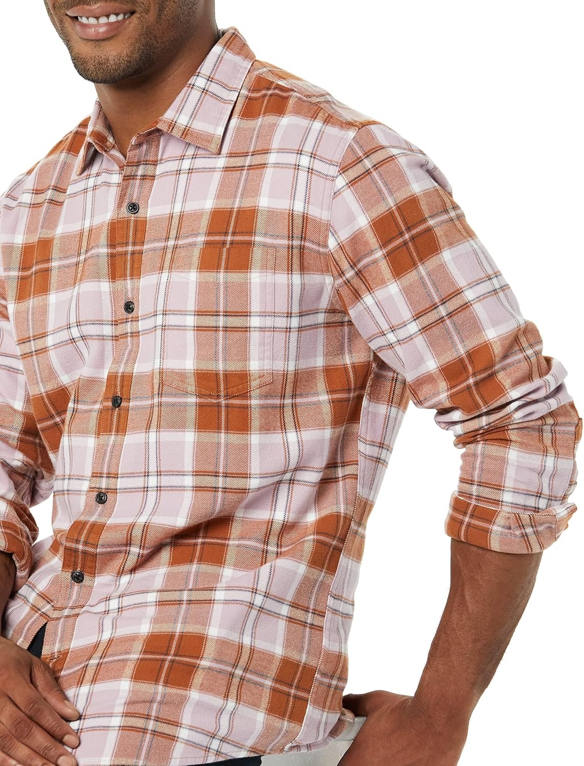 image:imageAmazon Essentials Mens Regular Fit LongSleeve Flannel Shirt Soft Brushed Cotton Lightweight yet WarmMauve Rust Plaid