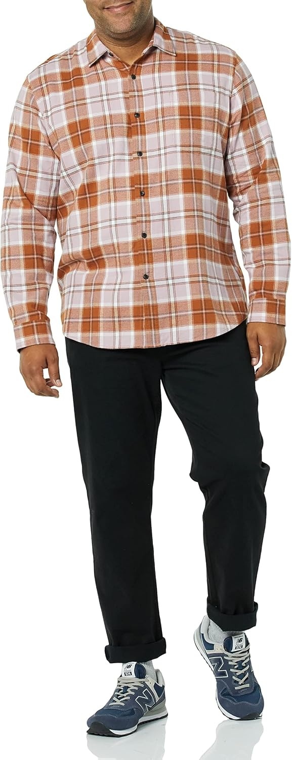 image:imageAmazon Essentials Mens Regular Fit LongSleeve Flannel Shirt Soft Brushed Cotton Lightweight yet WarmMauve Rust Plaid