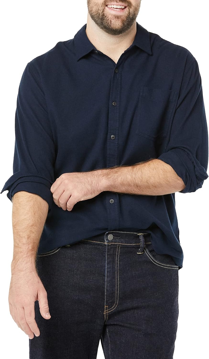 image:imageAmazon Essentials Mens Regular Fit LongSleeve Flannel Shirt Soft Brushed Cotton Lightweight yet WarmNavy
