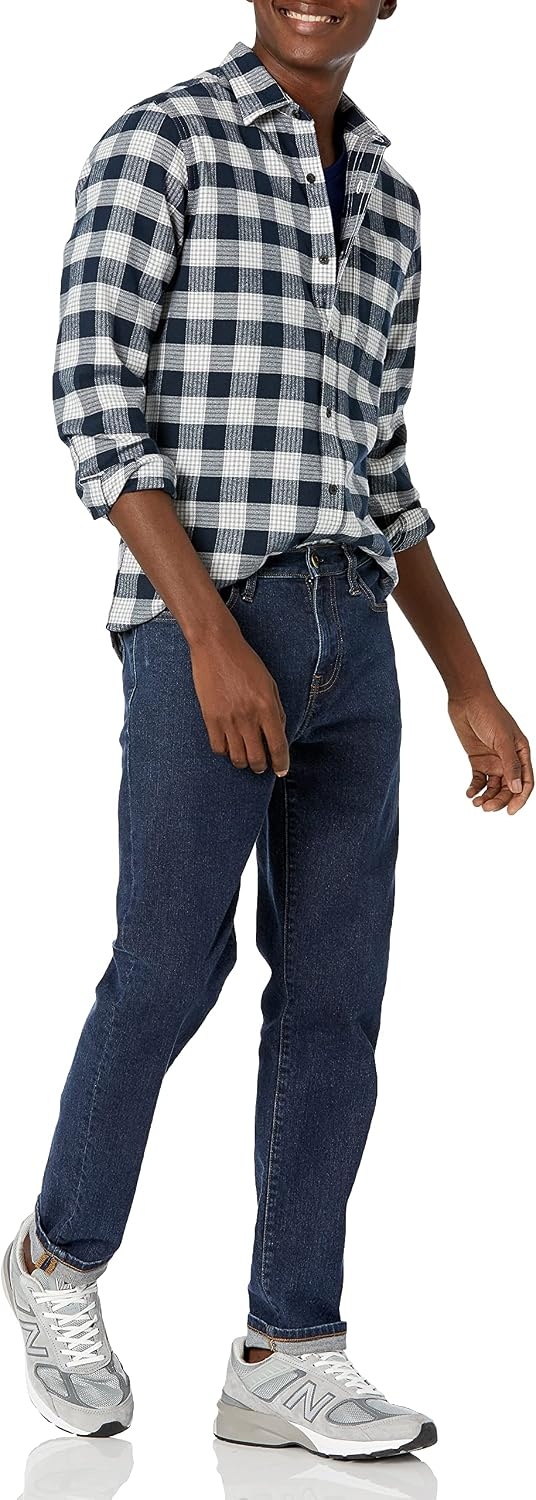 image:imageAmazon Essentials Mens Regular Fit LongSleeve Flannel Shirt Soft Brushed Cotton Lightweight yet WarmNavy Plaid