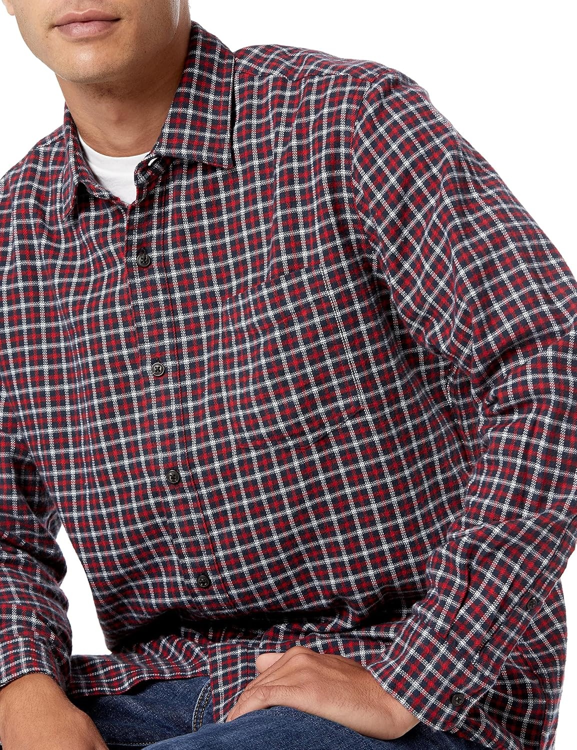 image:imageAmazon Essentials Mens Regular Fit LongSleeve Flannel Shirt Soft Brushed Cotton Lightweight yet WarmNavy Red Plaid