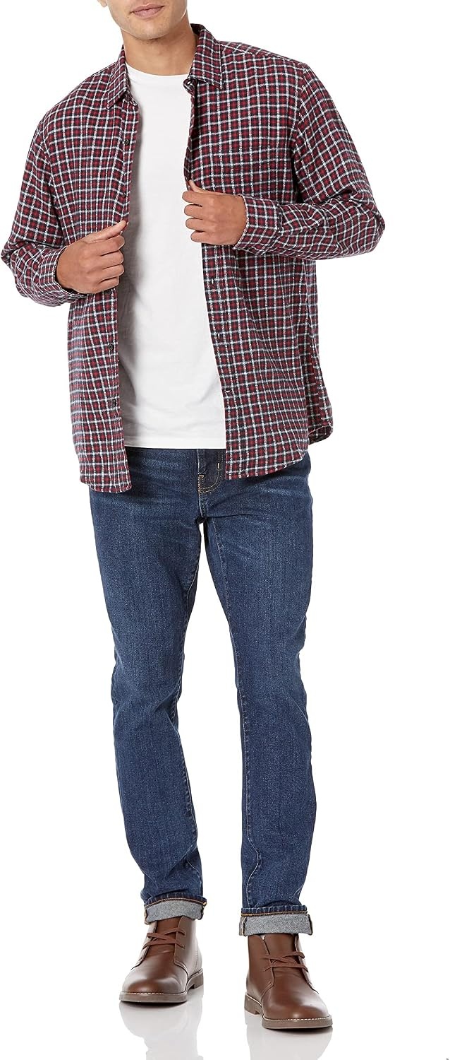 image:imageAmazon Essentials Mens Regular Fit LongSleeve Flannel Shirt Soft Brushed Cotton Lightweight yet WarmNavy Red Plaid