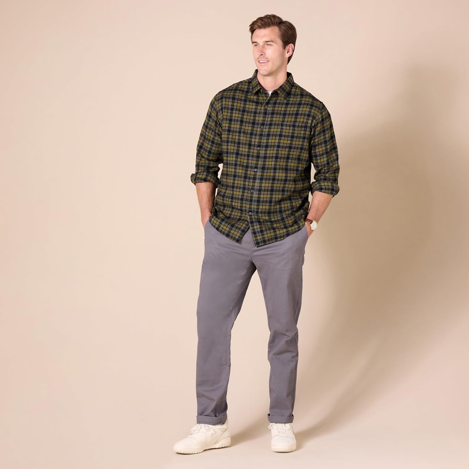 image:imageAmazon Essentials Mens Regular Fit LongSleeve Flannel Shirt Soft Brushed Cotton Lightweight yet WarmOlive