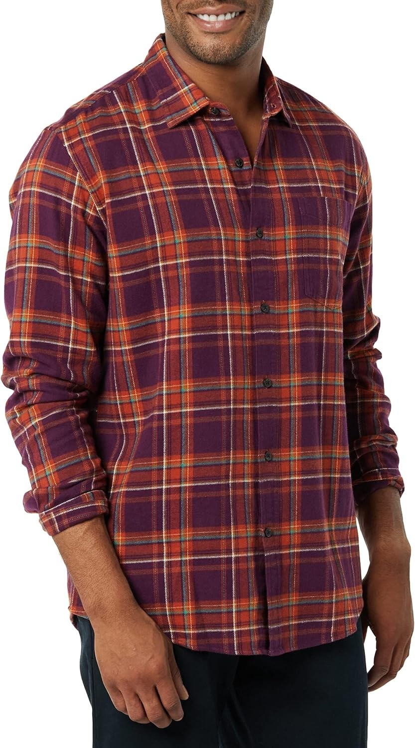 image:imageAmazon Essentials Mens Regular Fit LongSleeve Flannel Shirt Soft Brushed Cotton Lightweight yet WarmPlum Plaid