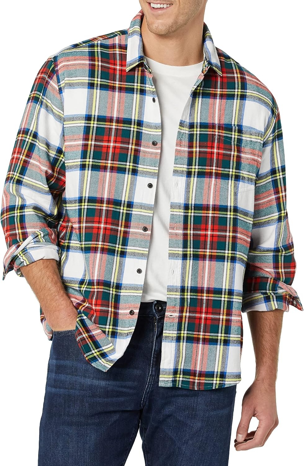 image:imageAmazon Essentials Mens Regular Fit LongSleeve Flannel Shirt Soft Brushed Cotton Lightweight yet WarmRed White Tartan Plaid