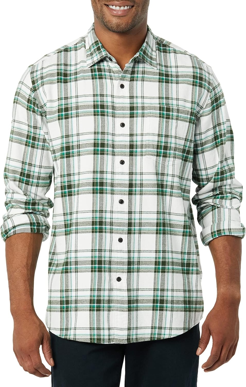 image:imageAmazon Essentials Mens Regular Fit LongSleeve Flannel Shirt Soft Brushed Cotton Lightweight yet WarmWhite Plaid