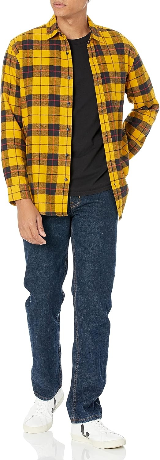 image:imageAmazon Essentials Mens Regular Fit LongSleeve Flannel Shirt Soft Brushed Cotton Lightweight yet WarmYellow Plaid