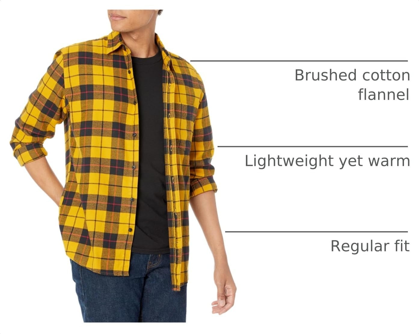 image:imageAmazon Essentials Mens Regular Fit LongSleeve Flannel Shirt Soft Brushed Cotton Lightweight yet WarmYellow Plaid