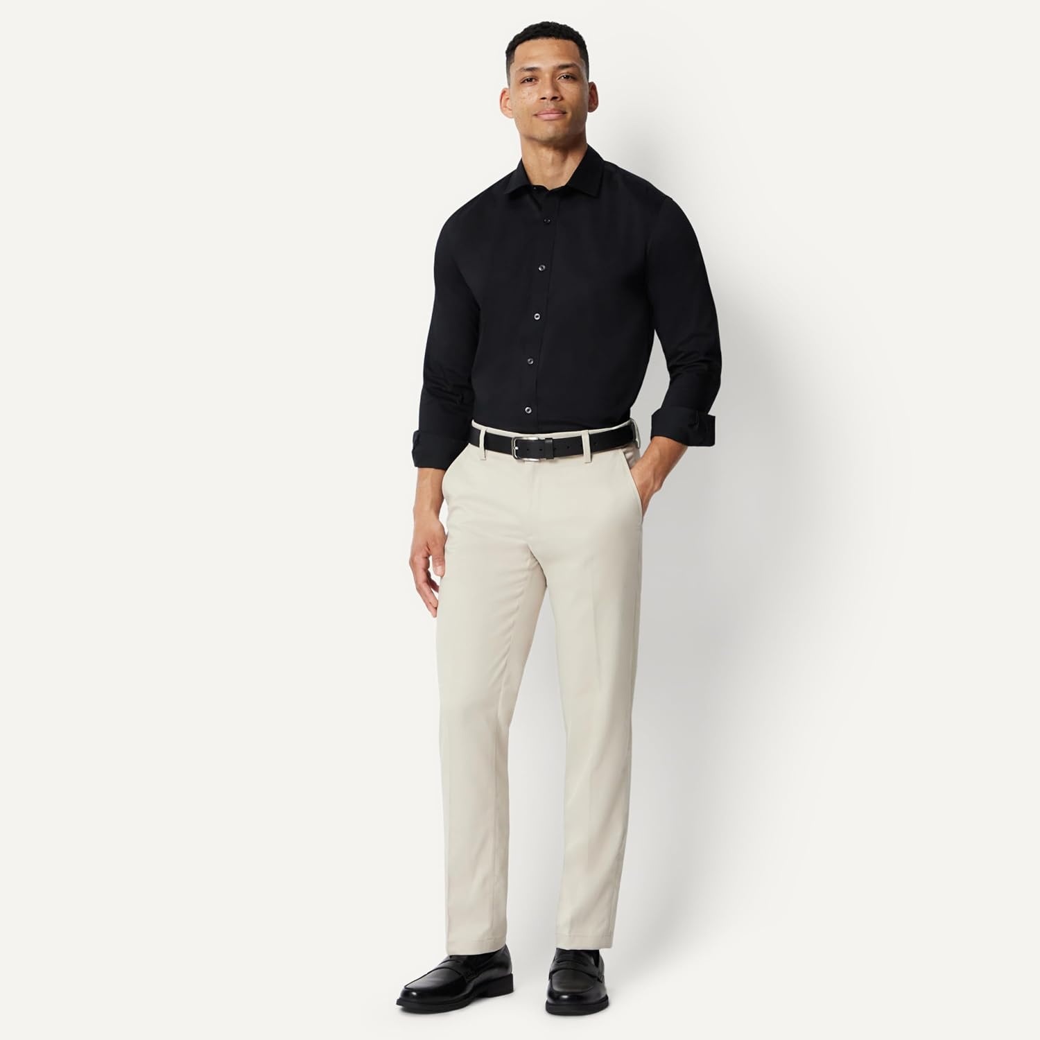 image:imageAmazon Essentials Mens Regular Fit Stretch Wrinkle Free Spread Collar Dress ShirtBlack