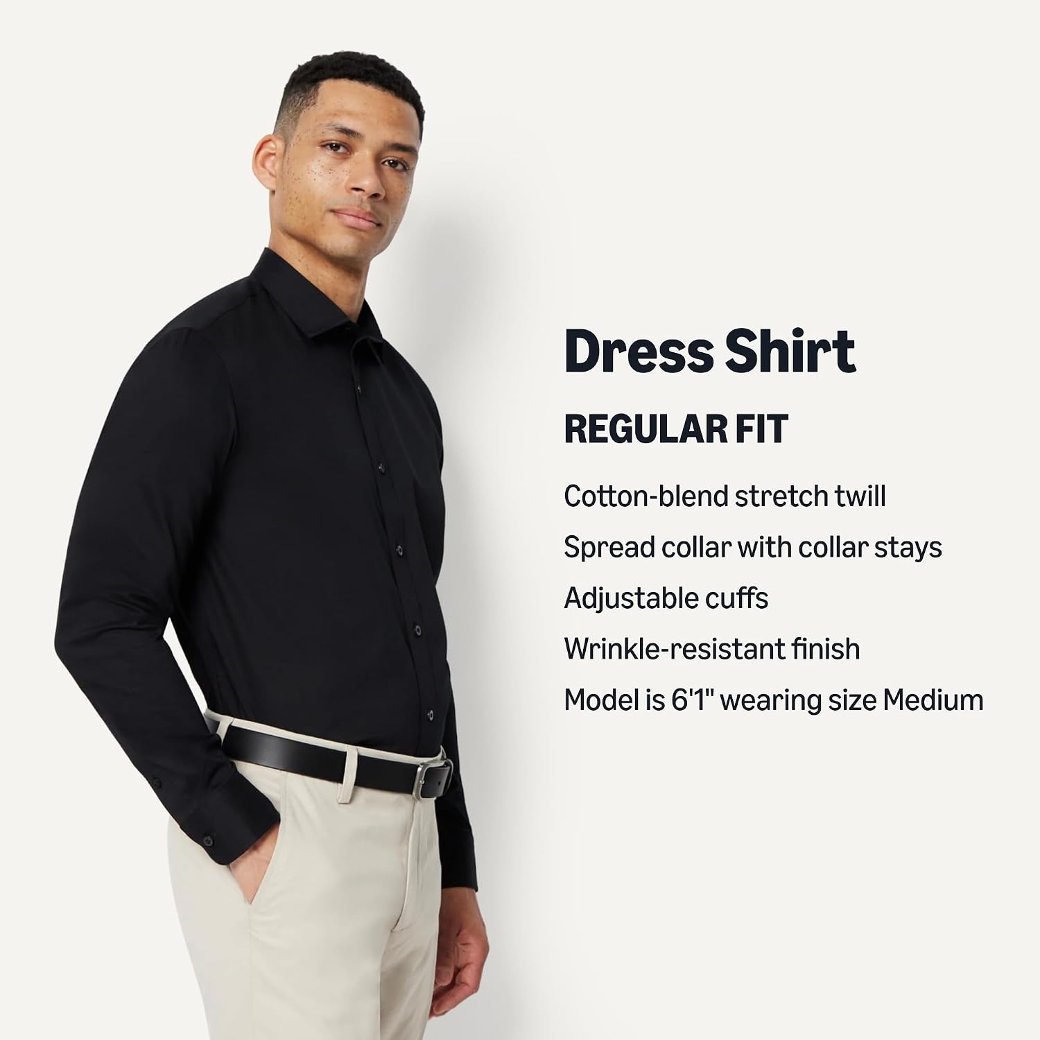 image:imageAmazon Essentials Mens Regular Fit Stretch Wrinkle Free Spread Collar Dress ShirtBlack