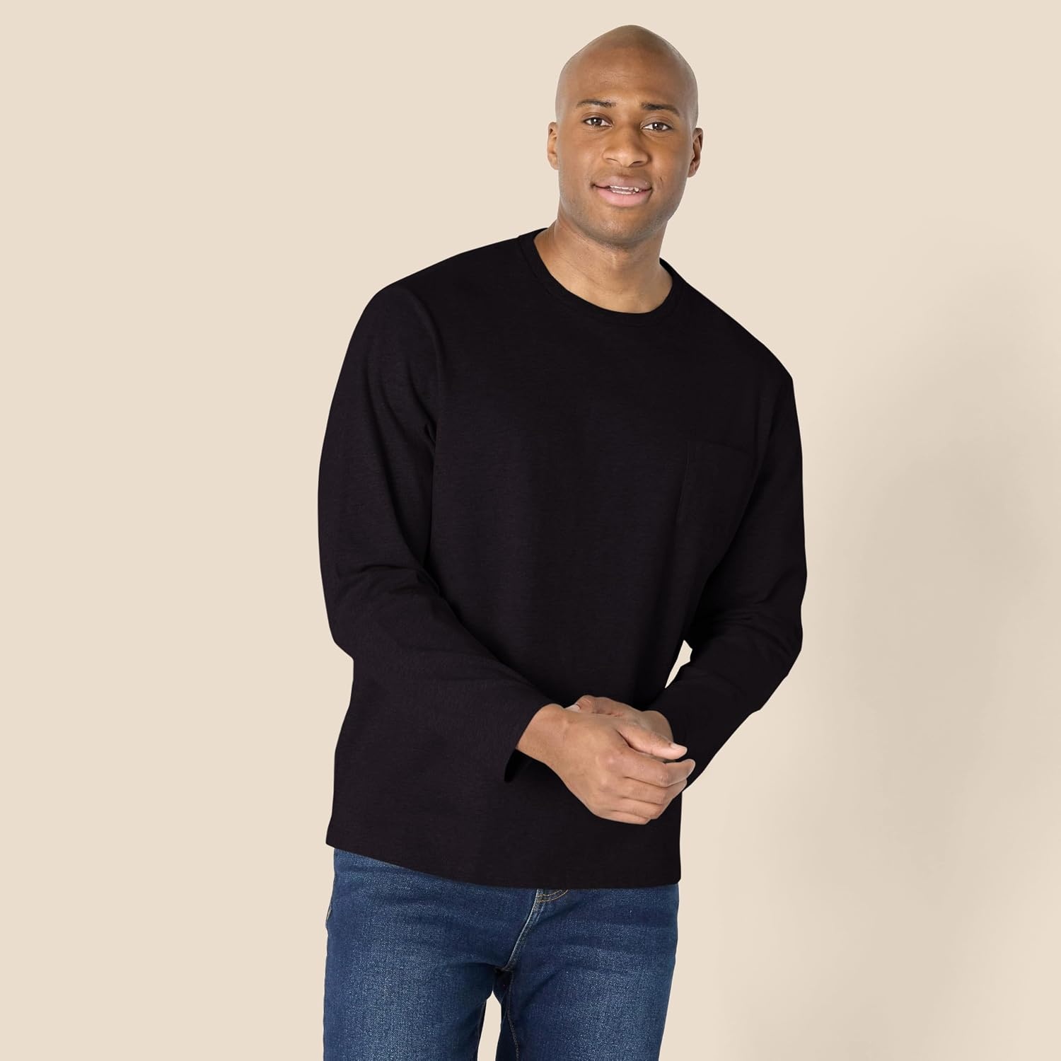 image:imageAmazon Essentials Mens RegularFit Crewneck LongSleeve TShirt Casual Cotton JerseyBlack