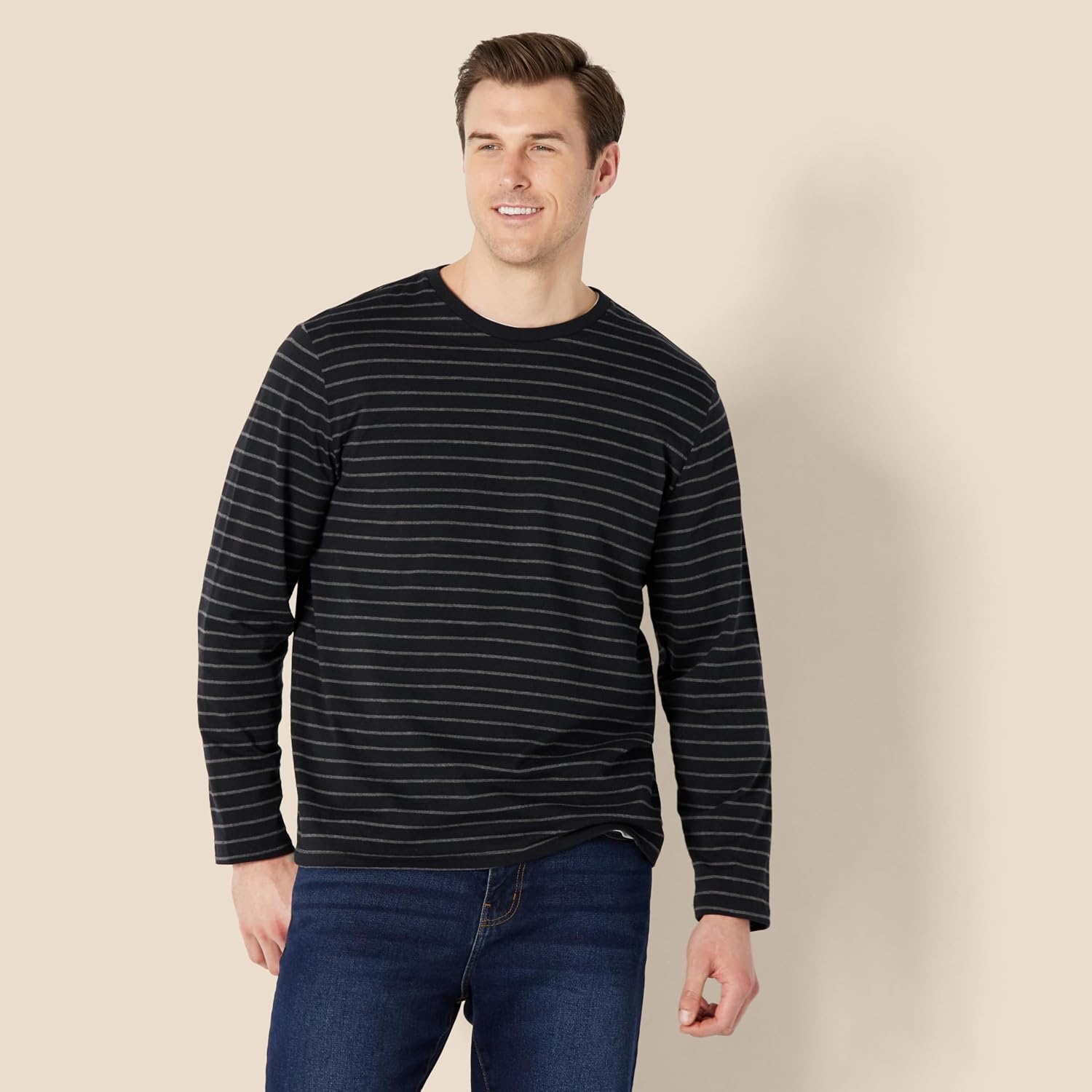image:imageAmazon Essentials Mens RegularFit Crewneck LongSleeve TShirt Casual Cotton JerseyBlackCharcoal Heather Stripe