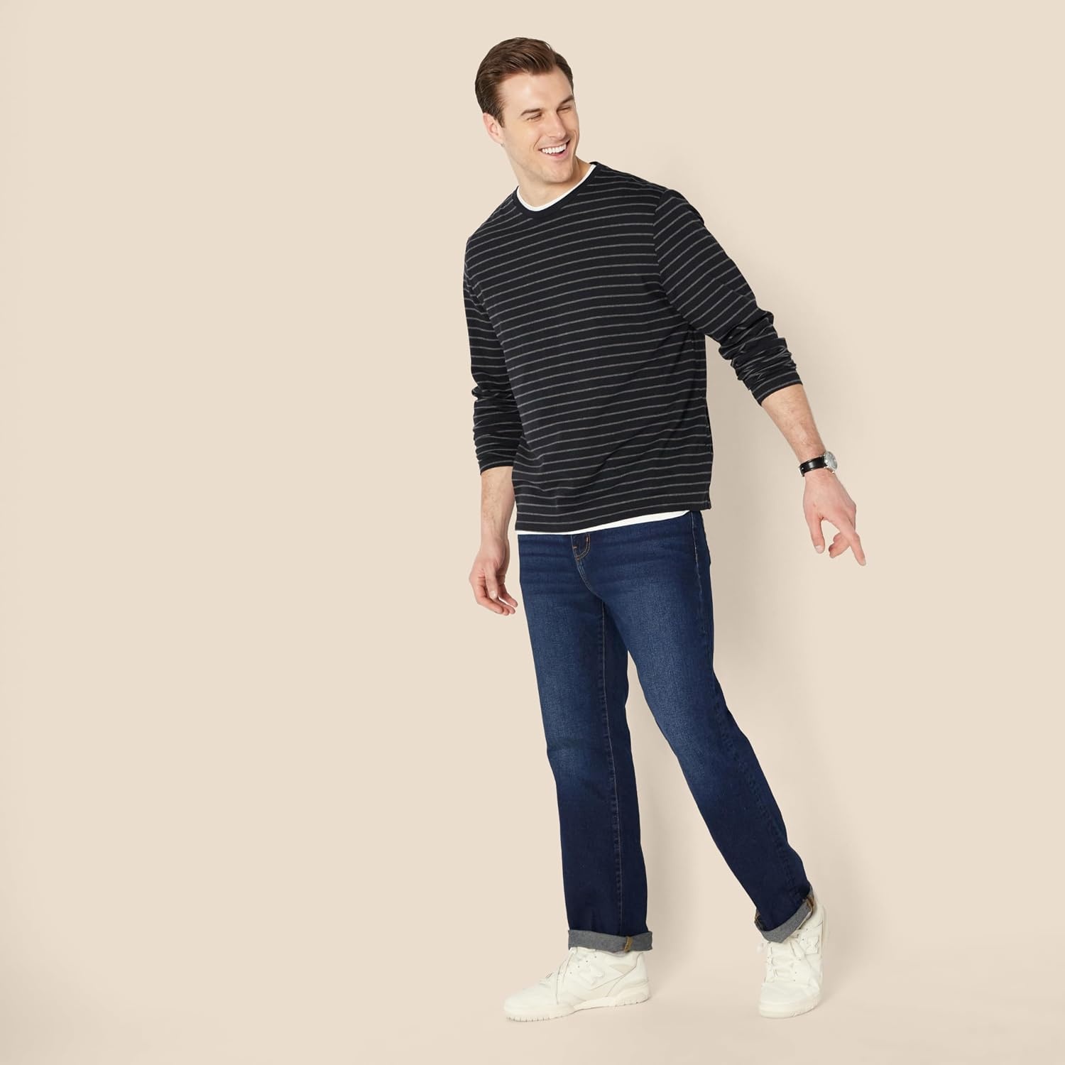 image:imageAmazon Essentials Mens RegularFit Crewneck LongSleeve TShirt Casual Cotton JerseyBlackCharcoal Heather Stripe
