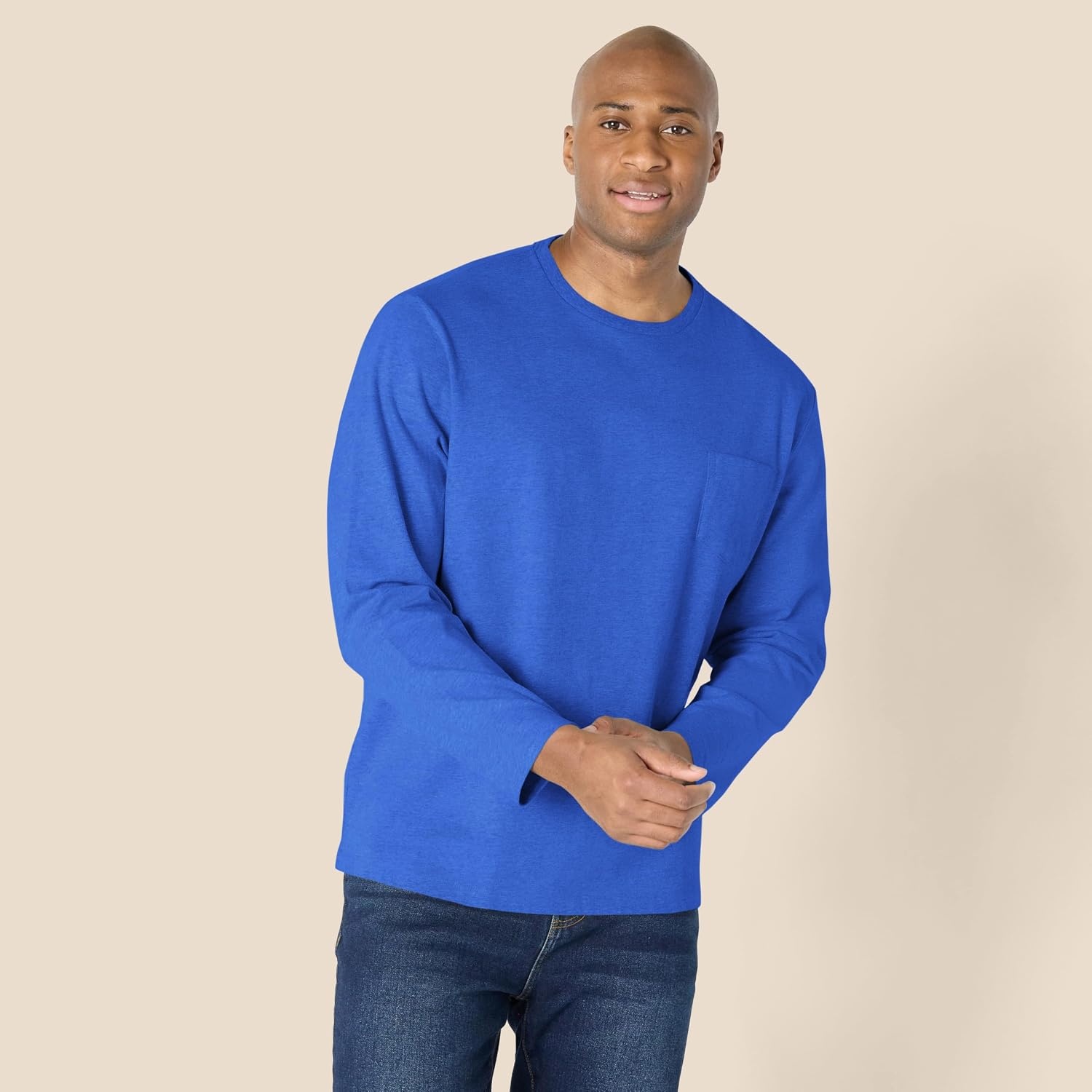 image:imageAmazon Essentials Mens RegularFit Crewneck LongSleeve TShirt Casual Cotton JerseyBright Blue