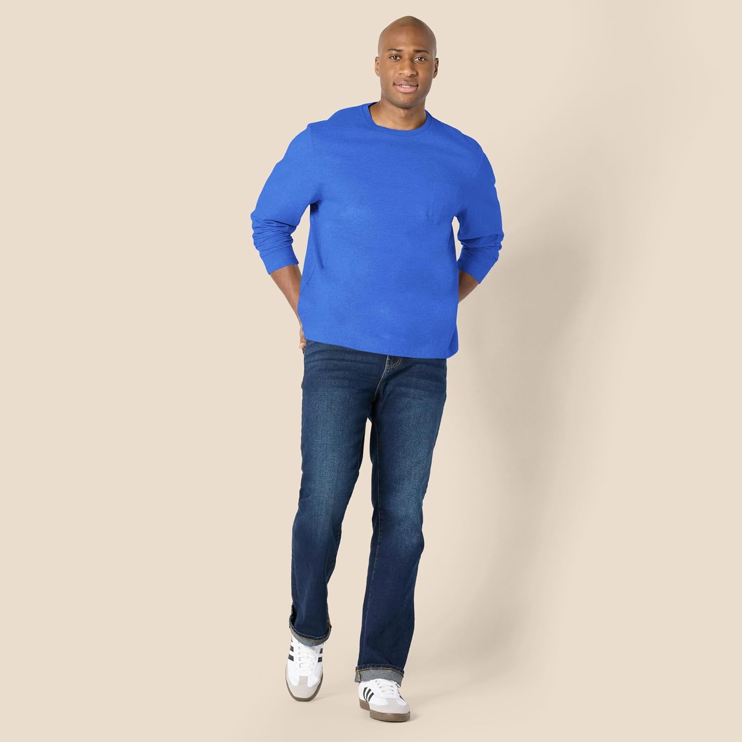 image:imageAmazon Essentials Mens RegularFit Crewneck LongSleeve TShirt Casual Cotton JerseyBright Blue