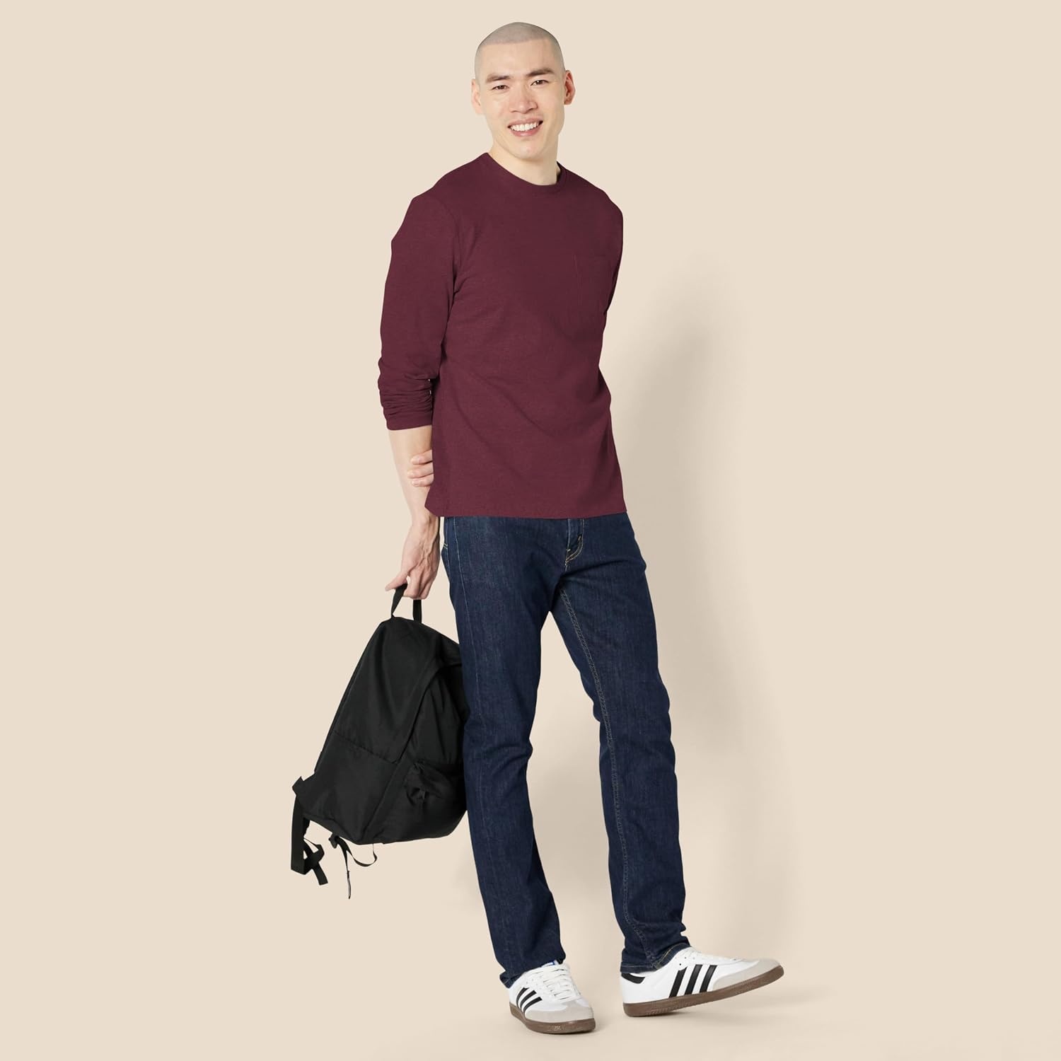 image:imageAmazon Essentials Mens RegularFit Crewneck LongSleeve TShirt Casual Cotton JerseyBurgundy
