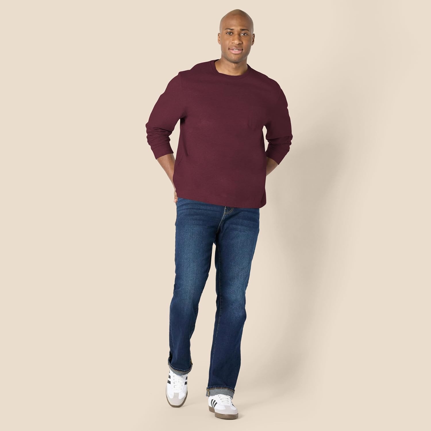 image:imageAmazon Essentials Mens RegularFit Crewneck LongSleeve TShirt Casual Cotton JerseyBurgundy