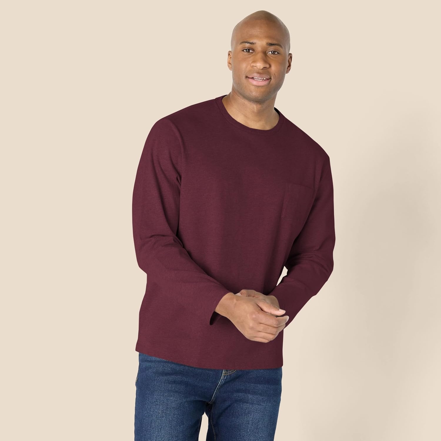 image:imageAmazon Essentials Mens RegularFit Crewneck LongSleeve TShirt Casual Cotton JerseyBurgundy
