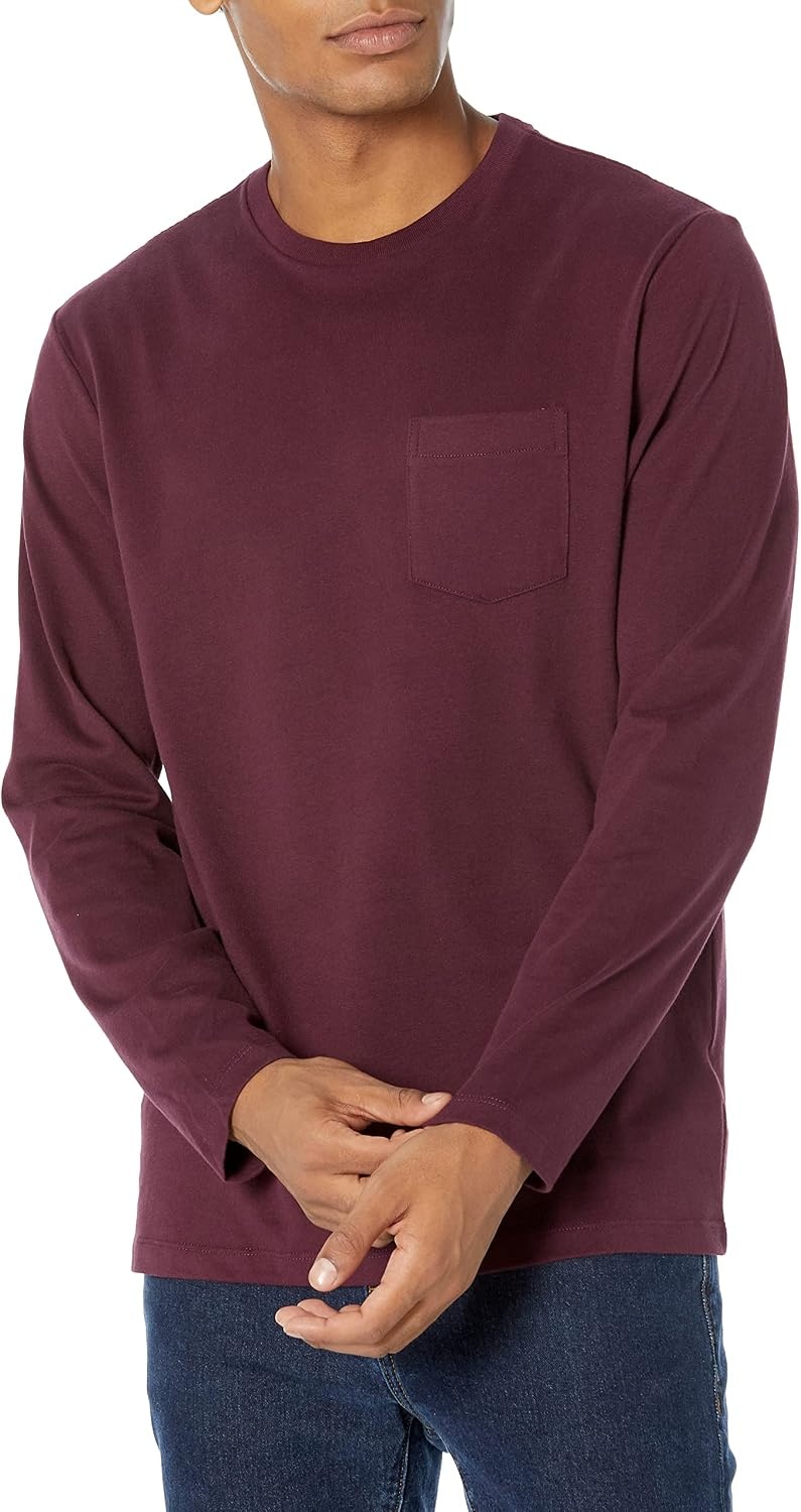 image:imageAmazon Essentials Mens RegularFit Crewneck LongSleeve TShirt Casual Cotton JerseyBurgundy