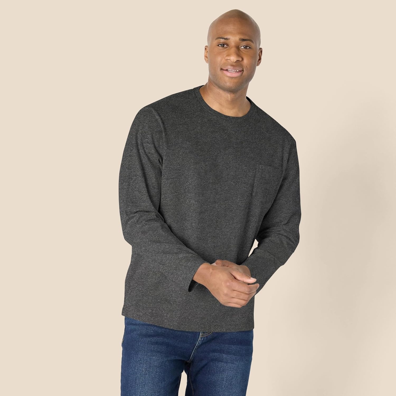 image:imageAmazon Essentials Mens RegularFit Crewneck LongSleeve TShirt Casual Cotton JerseyCharcoal Heather