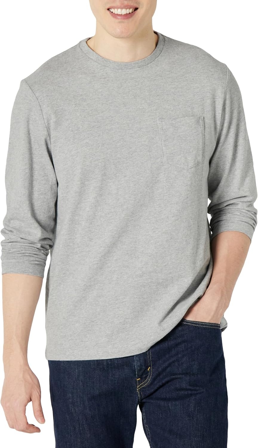 image:imageAmazon Essentials Mens RegularFit Crewneck LongSleeve TShirt Casual Cotton JerseyLight Grey Heather