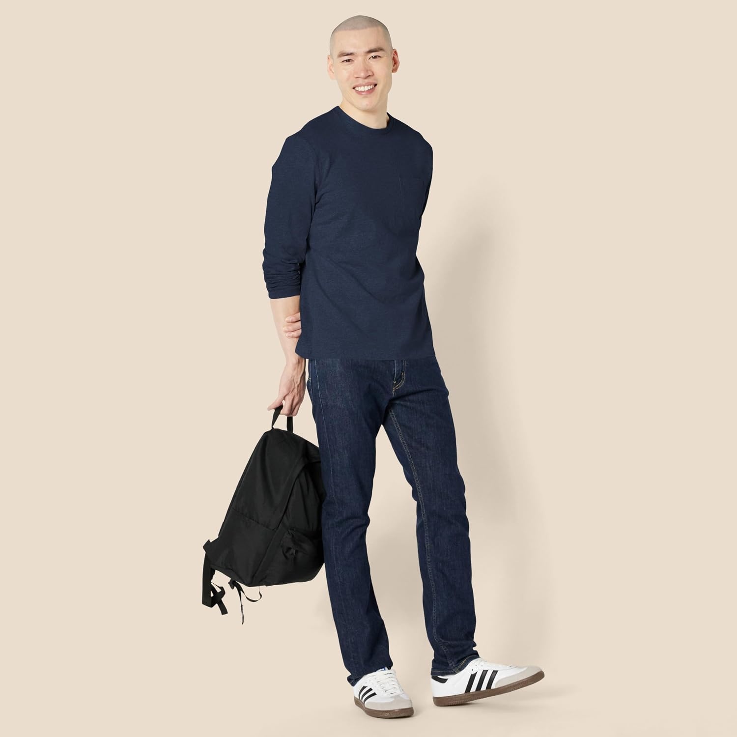 image:imageAmazon Essentials Mens RegularFit Crewneck LongSleeve TShirt Casual Cotton JerseyNavy
