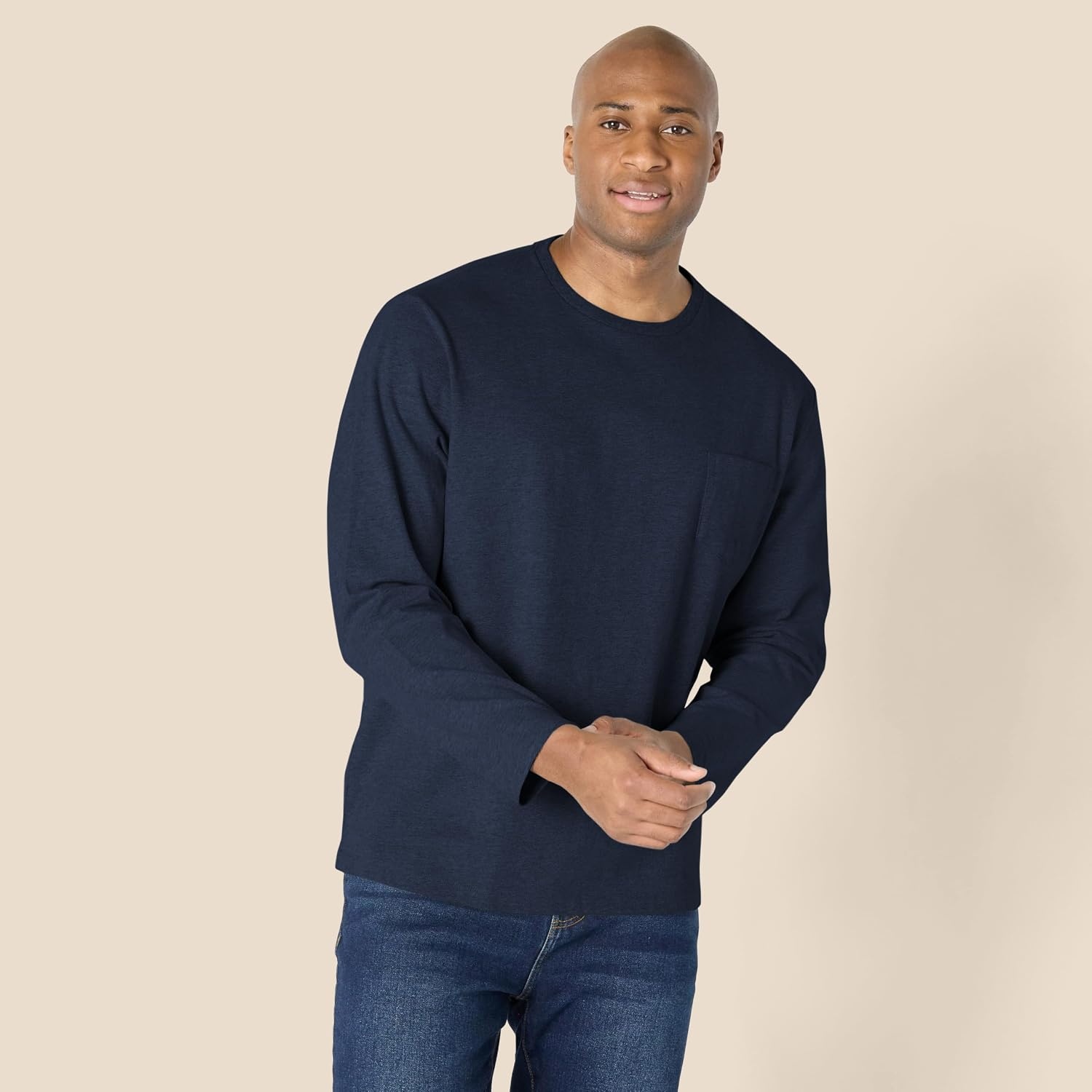 image:imageAmazon Essentials Mens RegularFit Crewneck LongSleeve TShirt Casual Cotton JerseyNavy