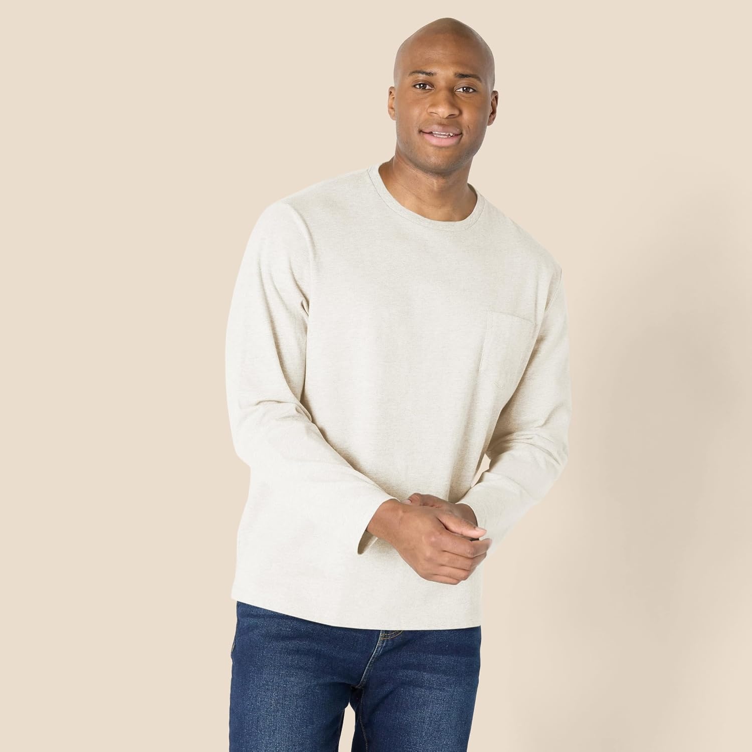 image:imageAmazon Essentials Mens RegularFit Crewneck LongSleeve TShirt Casual Cotton JerseyOatmeal Heather