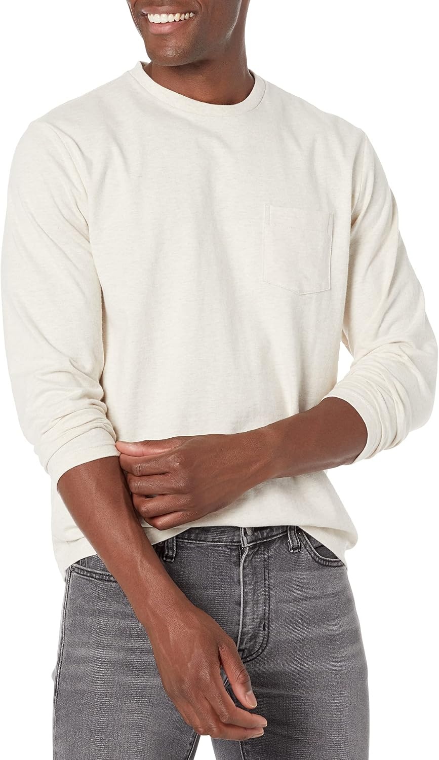 image:imageAmazon Essentials Mens RegularFit Crewneck LongSleeve TShirt Casual Cotton JerseyOatmeal Heather