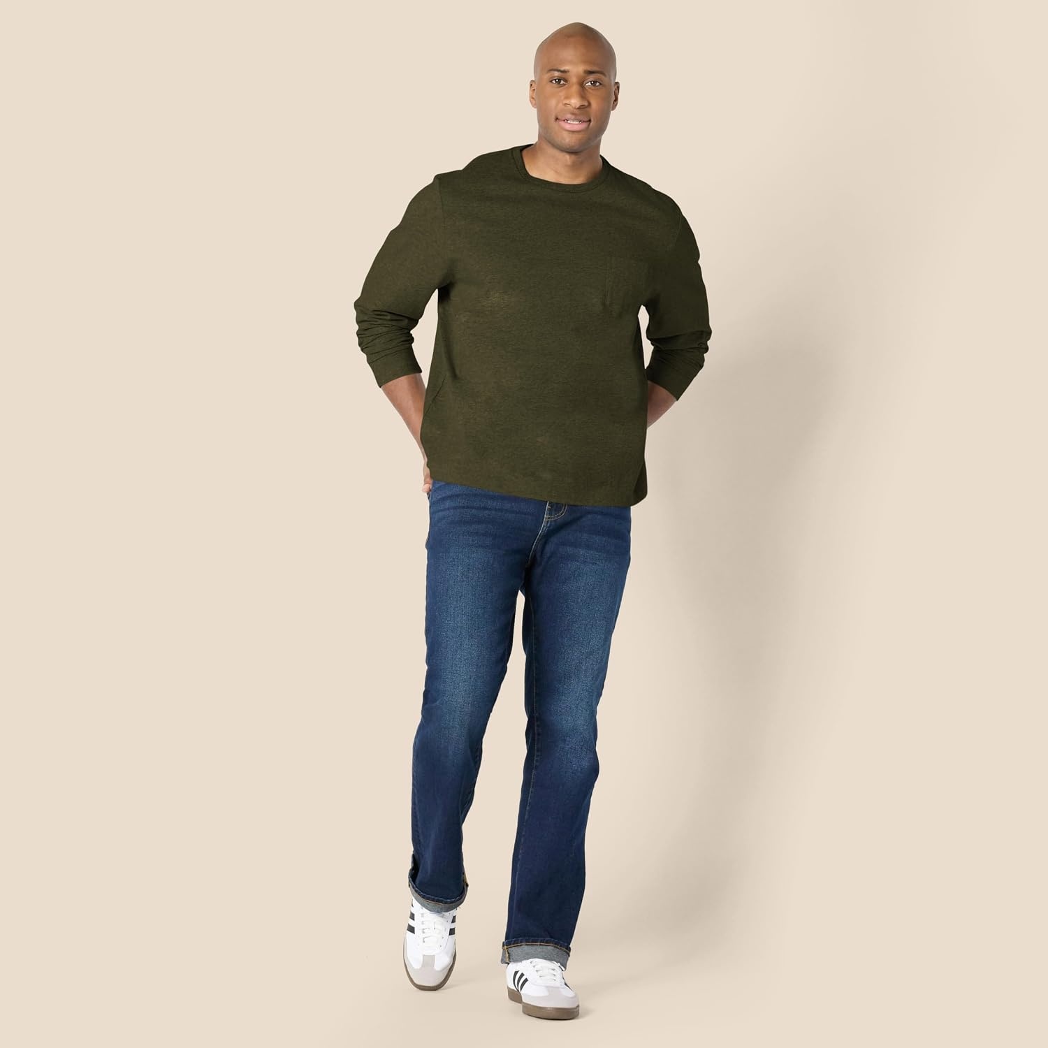 image:imageAmazon Essentials Mens RegularFit Crewneck LongSleeve TShirt Casual Cotton JerseyOlive Heather