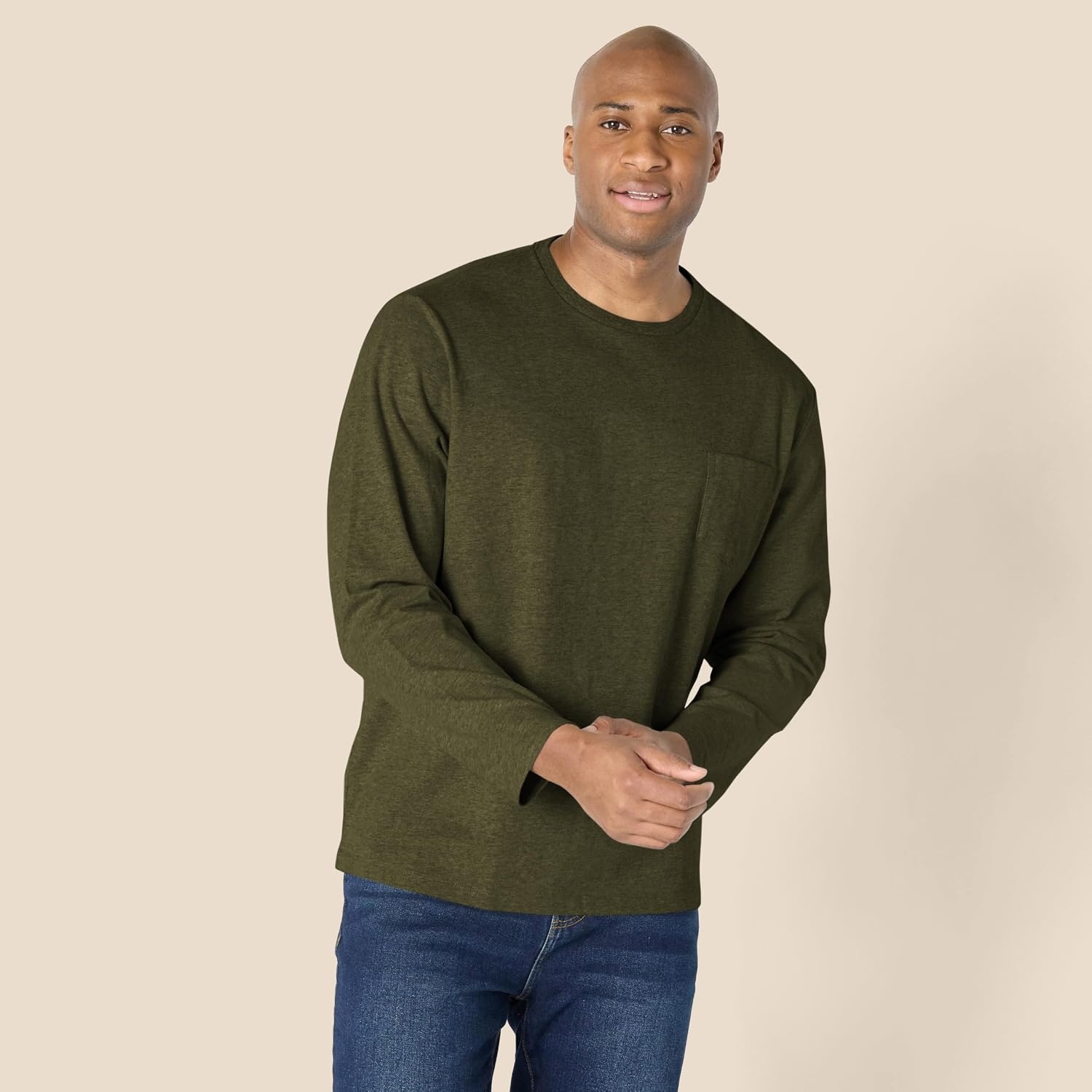 image:imageAmazon Essentials Mens RegularFit Crewneck LongSleeve TShirt Casual Cotton JerseyOlive Heather